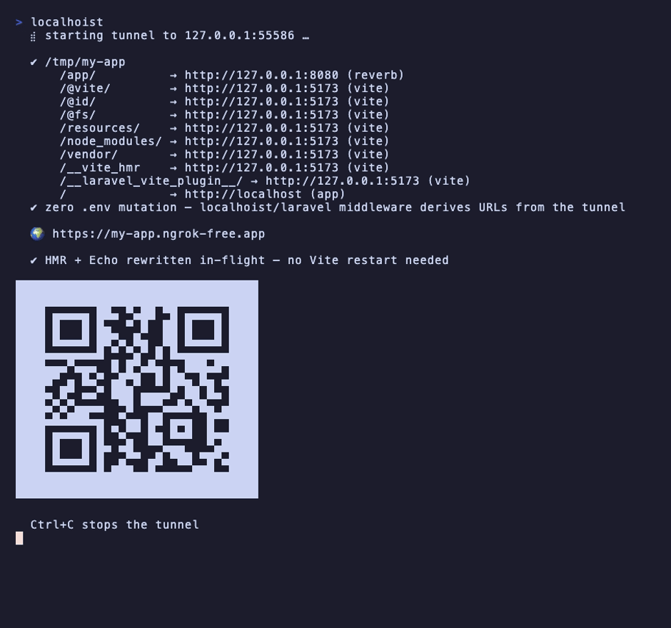 Terminal recording: running the localhoist command in a Laravel project prints the route table, a public https URL, and a QR code to open the app on a phone